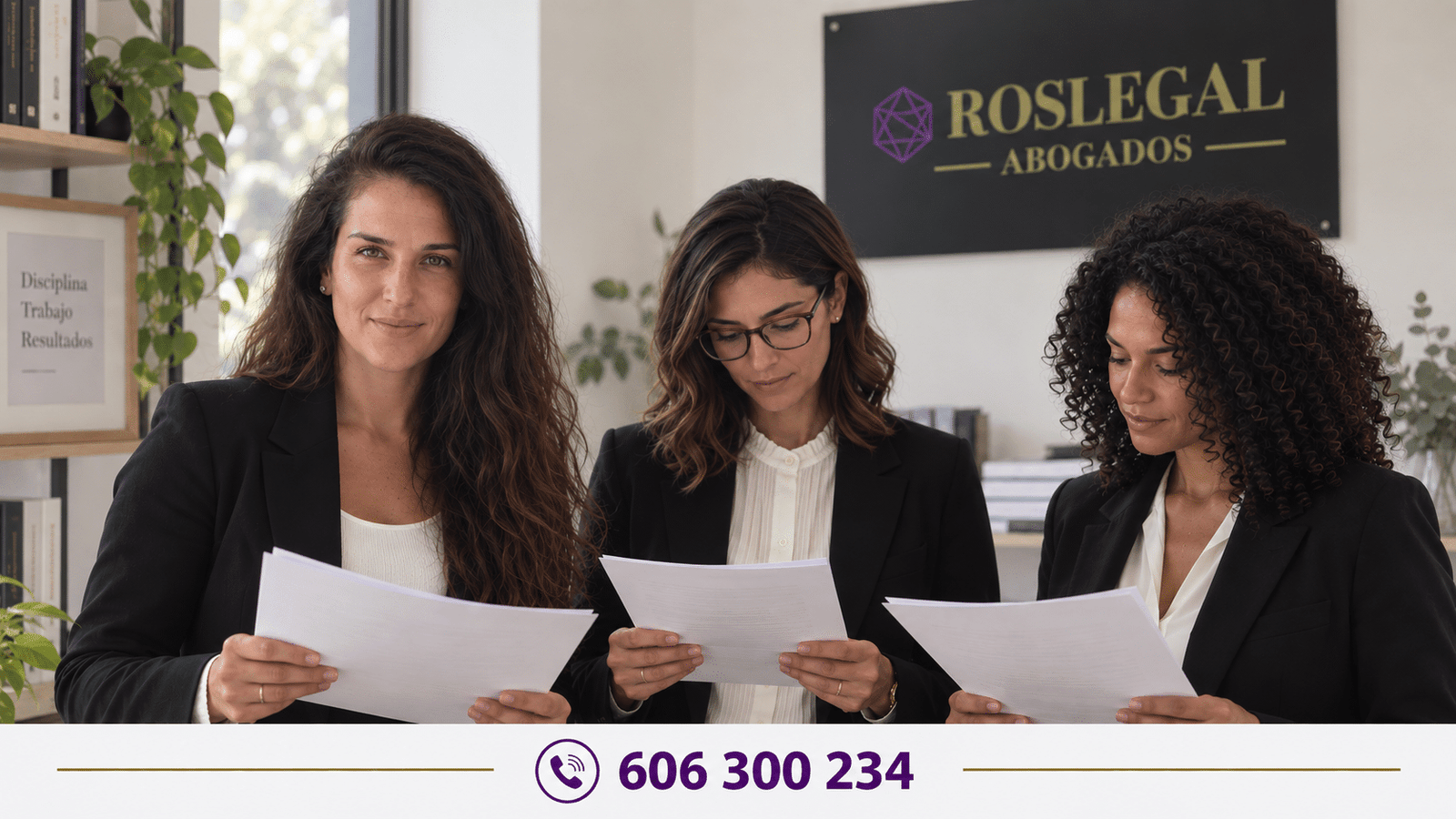 Equipo de tres abogadas de Ros Legal Abogados revisando documentos